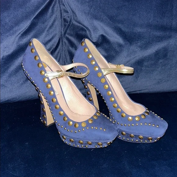 Miu Miu Blue and Gold Studded Heels - Picture 2 of 5